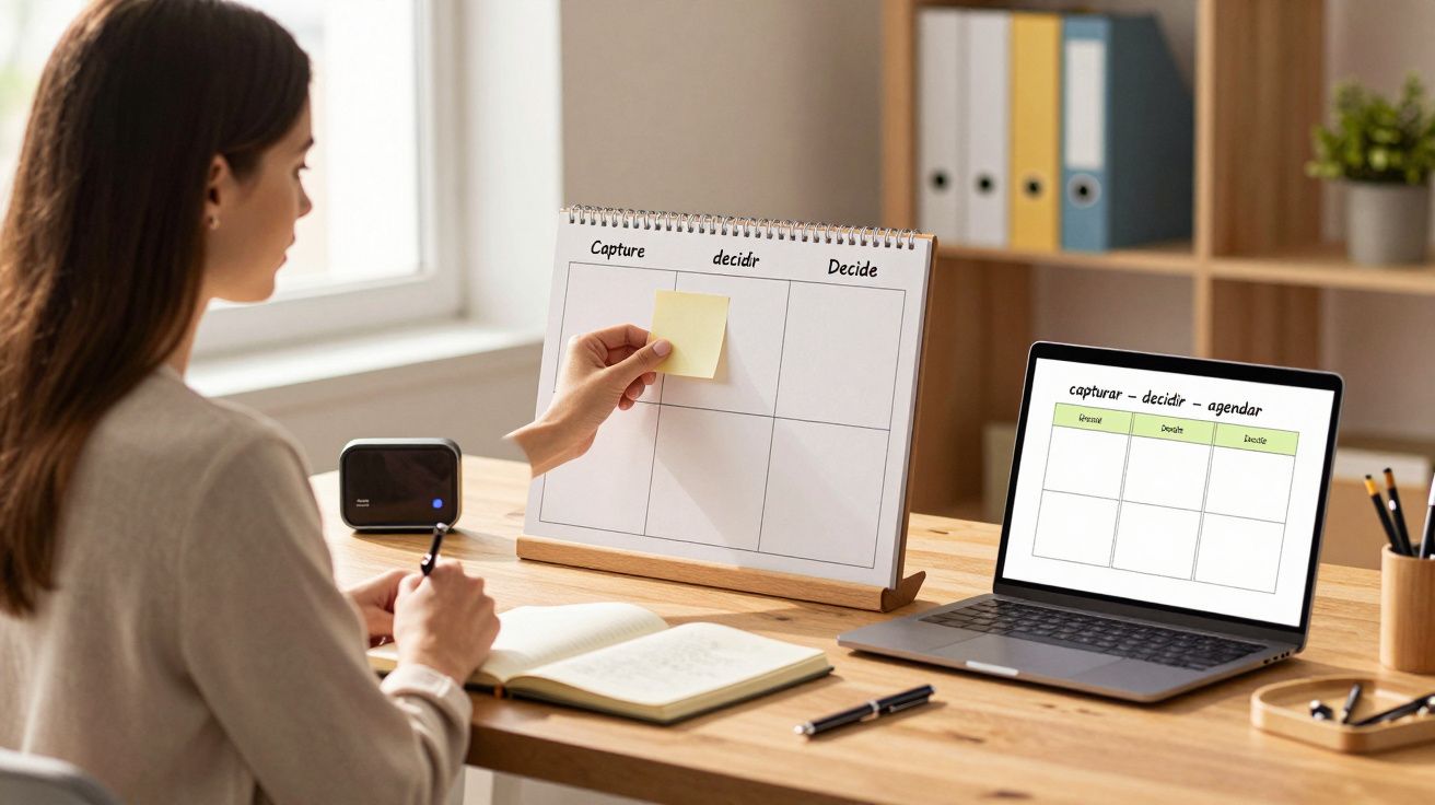 Mulher a planear tarefas com notas adesivas num quadro e num computador portátil num escritório organizado.