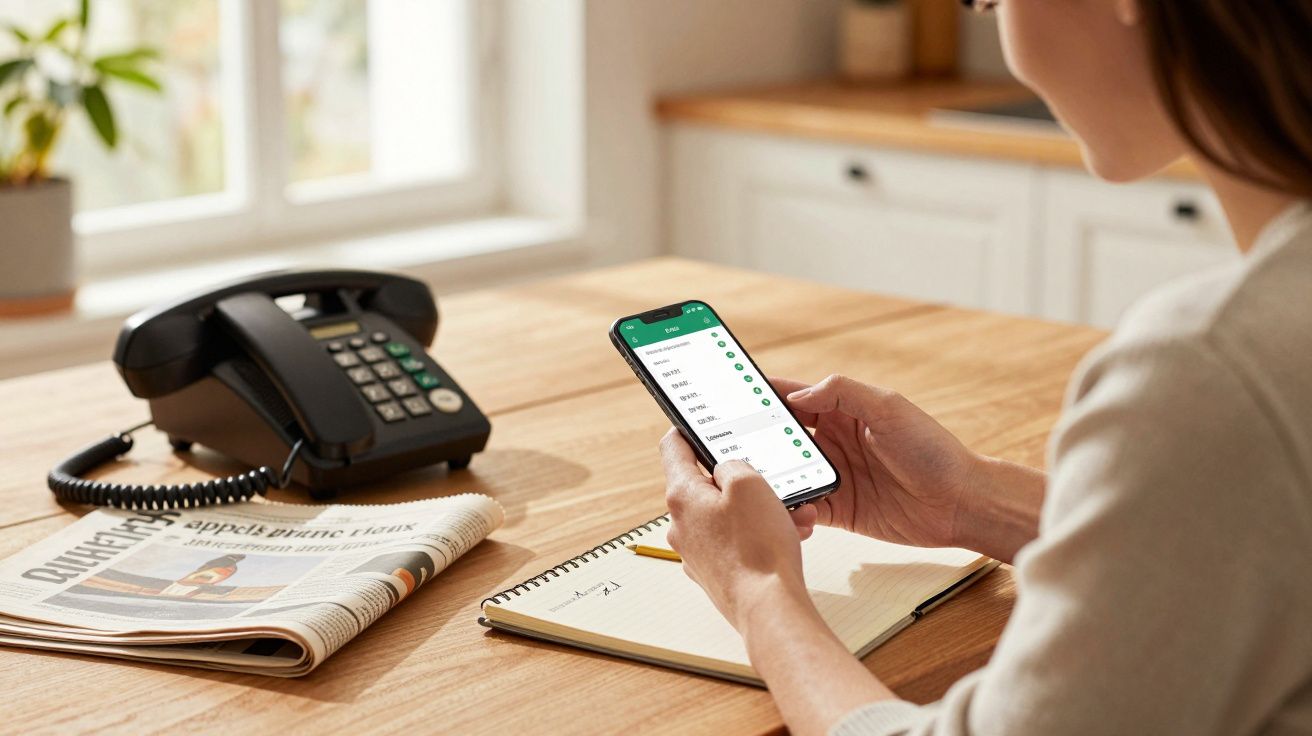 Pessoa a consultar lista de contatos num smartphone, com telefone fixo e caderno numa mesa de madeira.