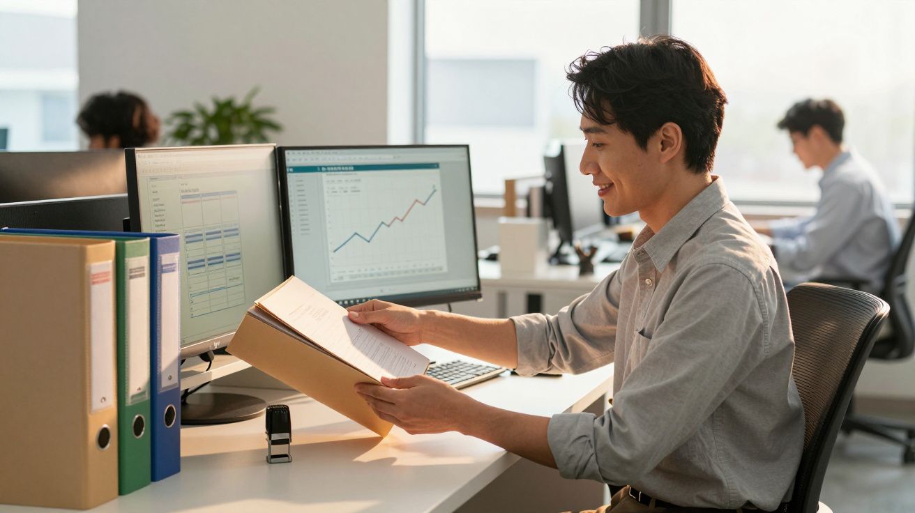 Homem a trabalhar num escritório com gráficos de crescimento num ecrã de computador.
