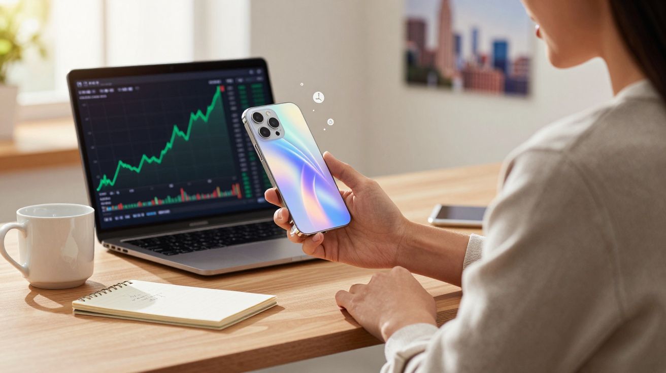 Pessoa a consultar gráficos financeiros no computador enquanto segura um telemóvel moderno numa mesa de trabalho.