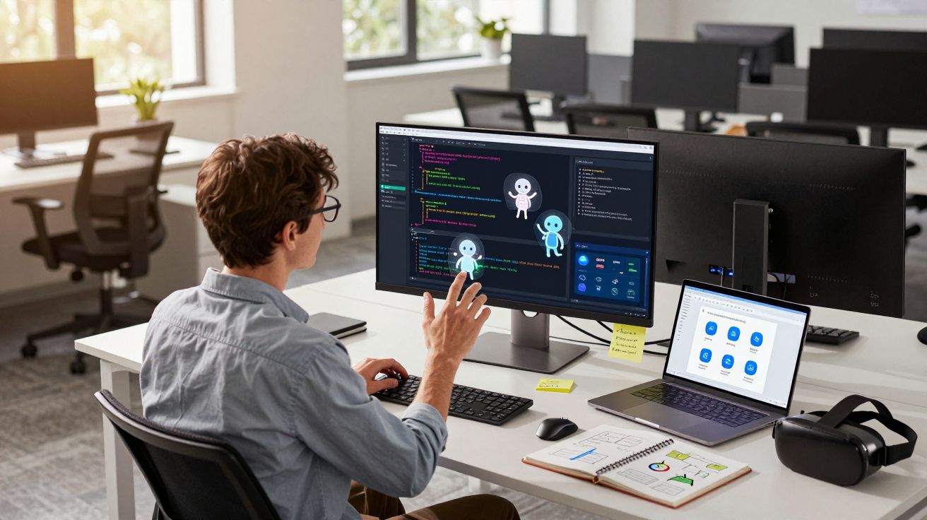 Homem a programar num computador com dois ecrãs, num escritório moderno e iluminado.