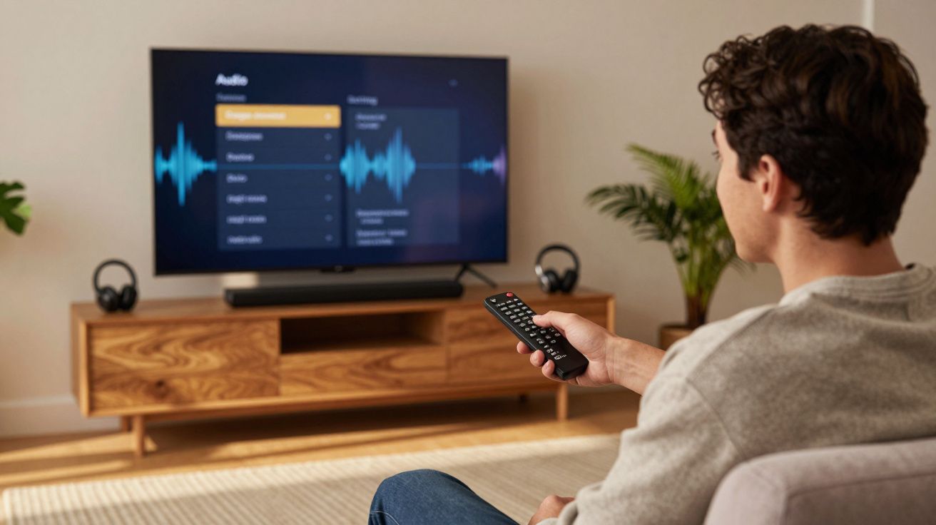 Homem sentado no sofá a usar comando para ajustar o som na televisão numa sala de estar moderna.
