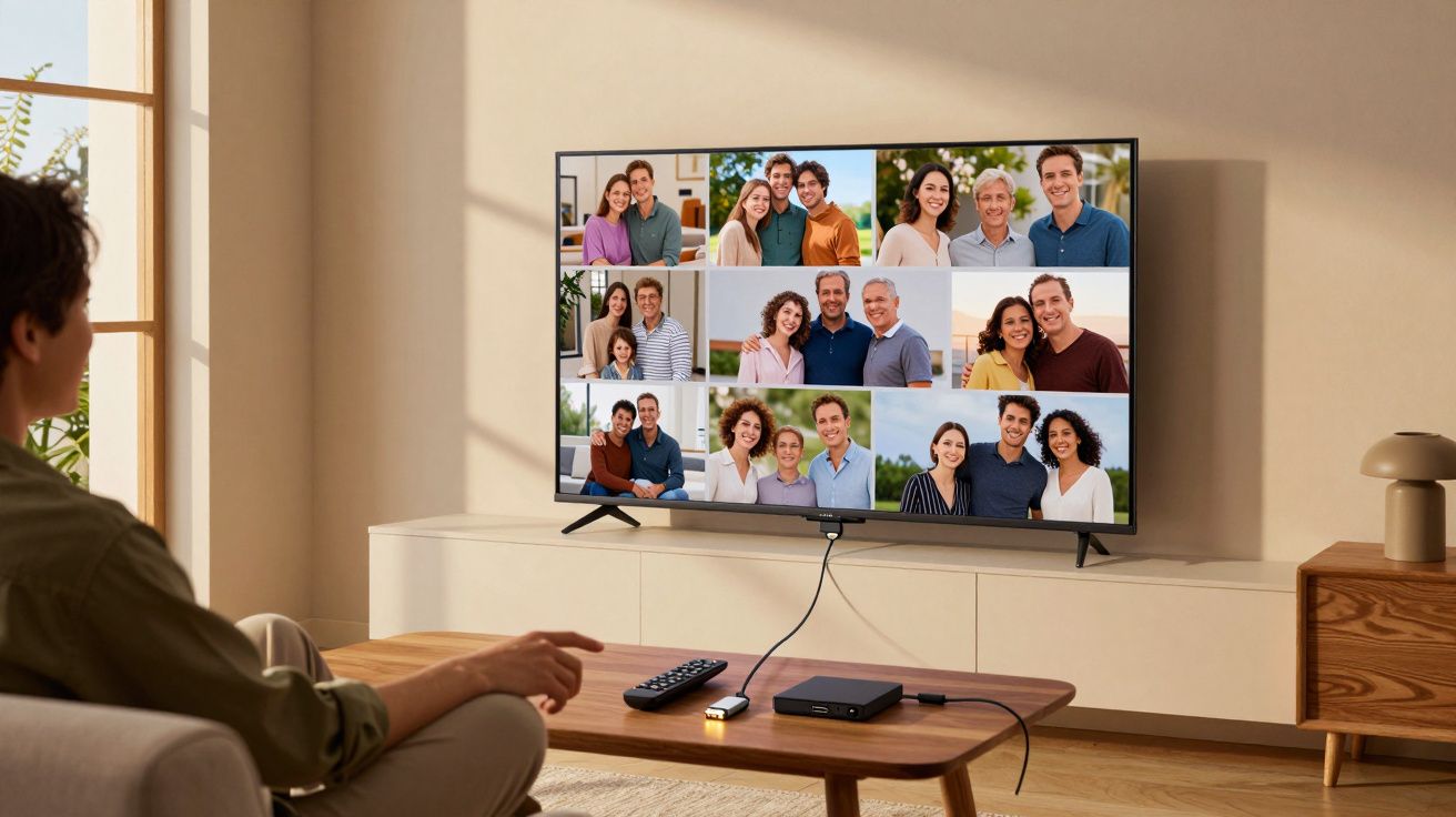 Pessoa sentada no sofá a assistir a videochamadas de várias famílias numa televisão numa sala de estar.