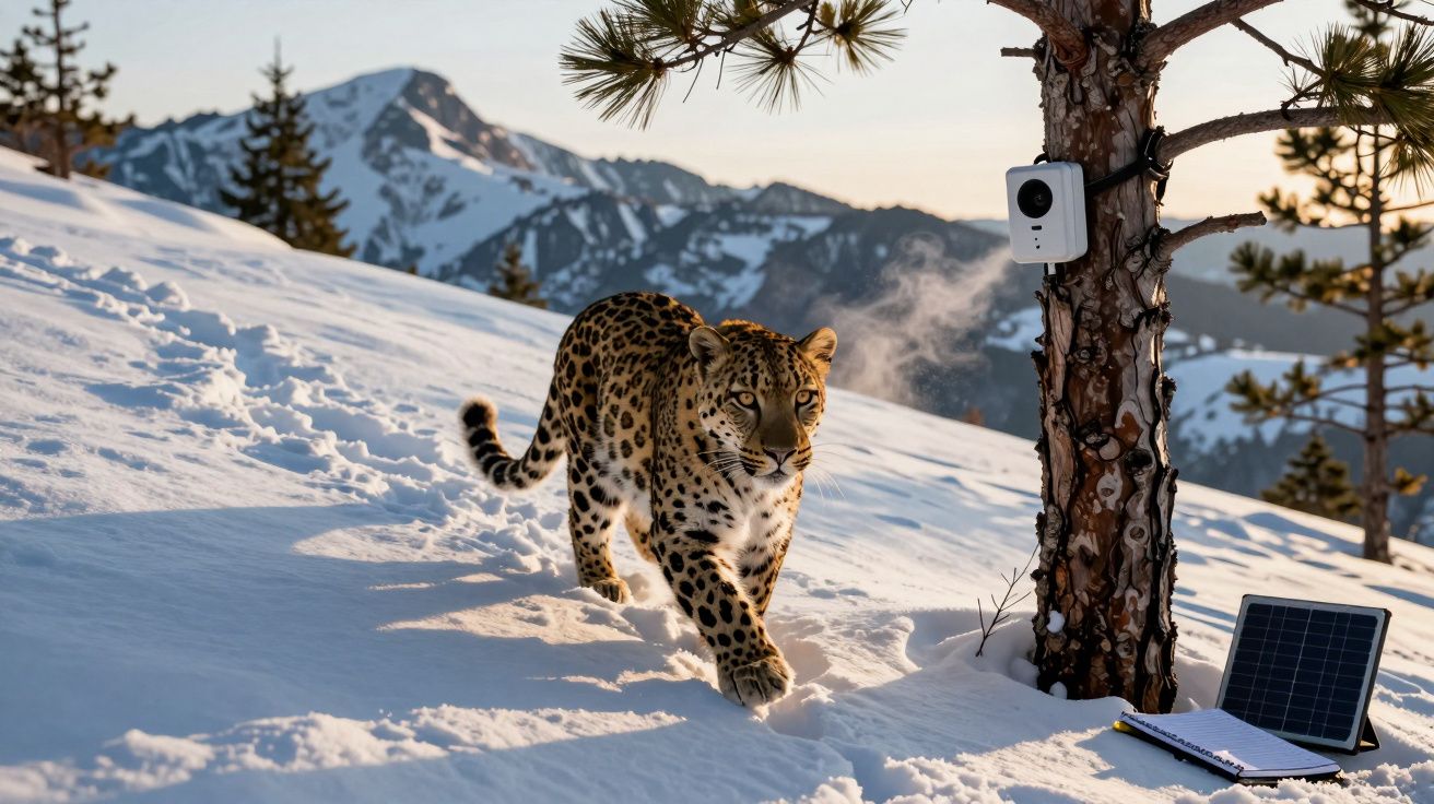 Leopardo caminhando na neve perto de árvore com câmera e painel solar em montanha ao pôr do sol.