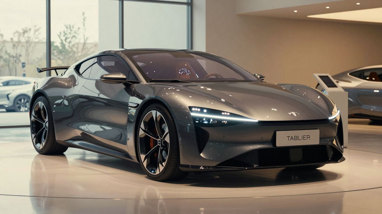 Carro desportivo elétrico cinzento brilhante exibido num showroom moderno com luz natural.