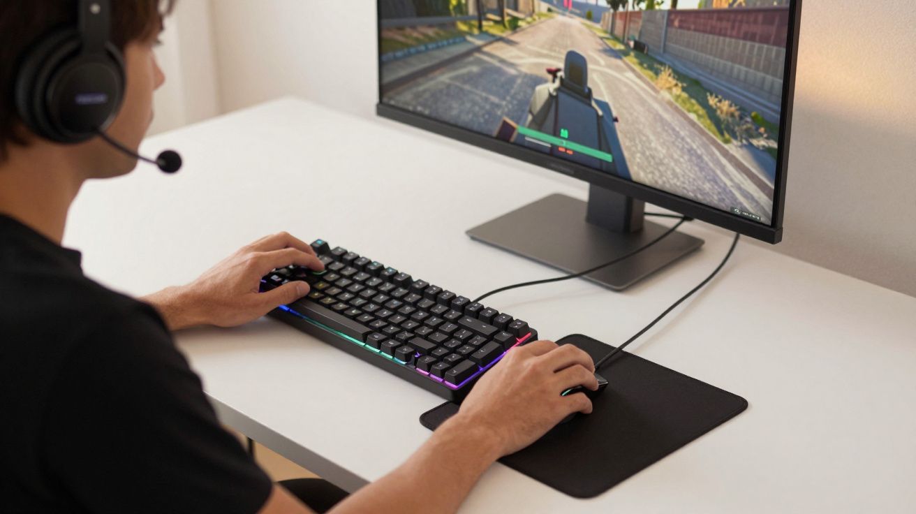 Pessoa a jogar videojogo num computador com teclado retroiluminado e auscultadores com microfone.