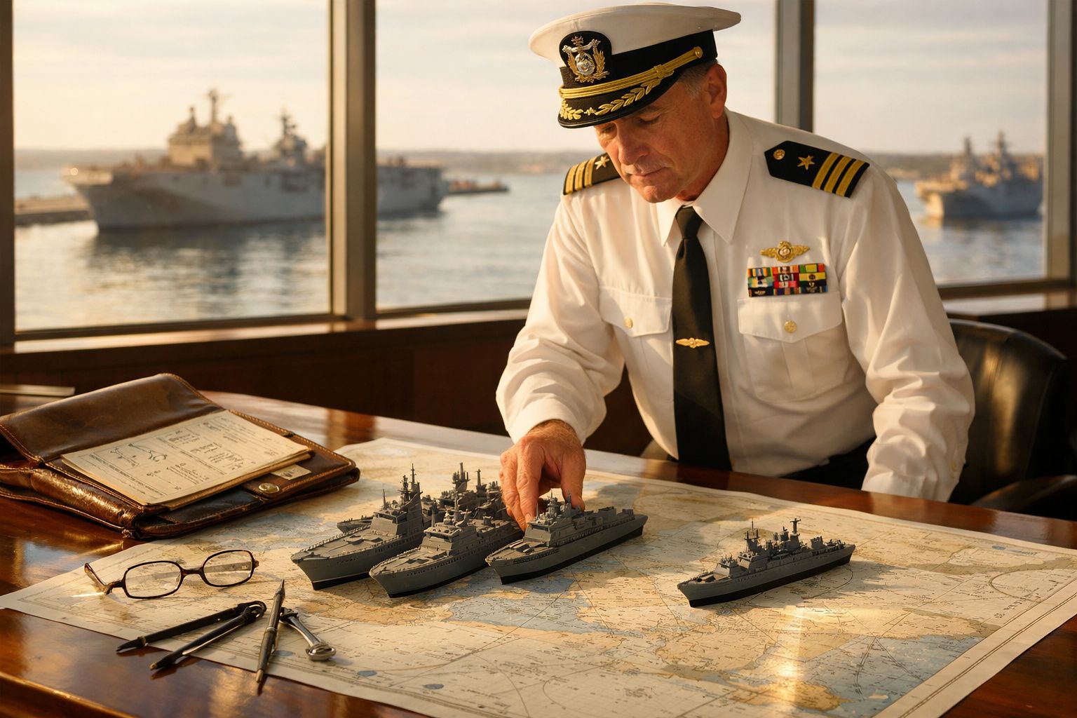 Oficial naval a analisar modelos de navios de guerra sobre um mapa náutico numa sala com vista para o porto.