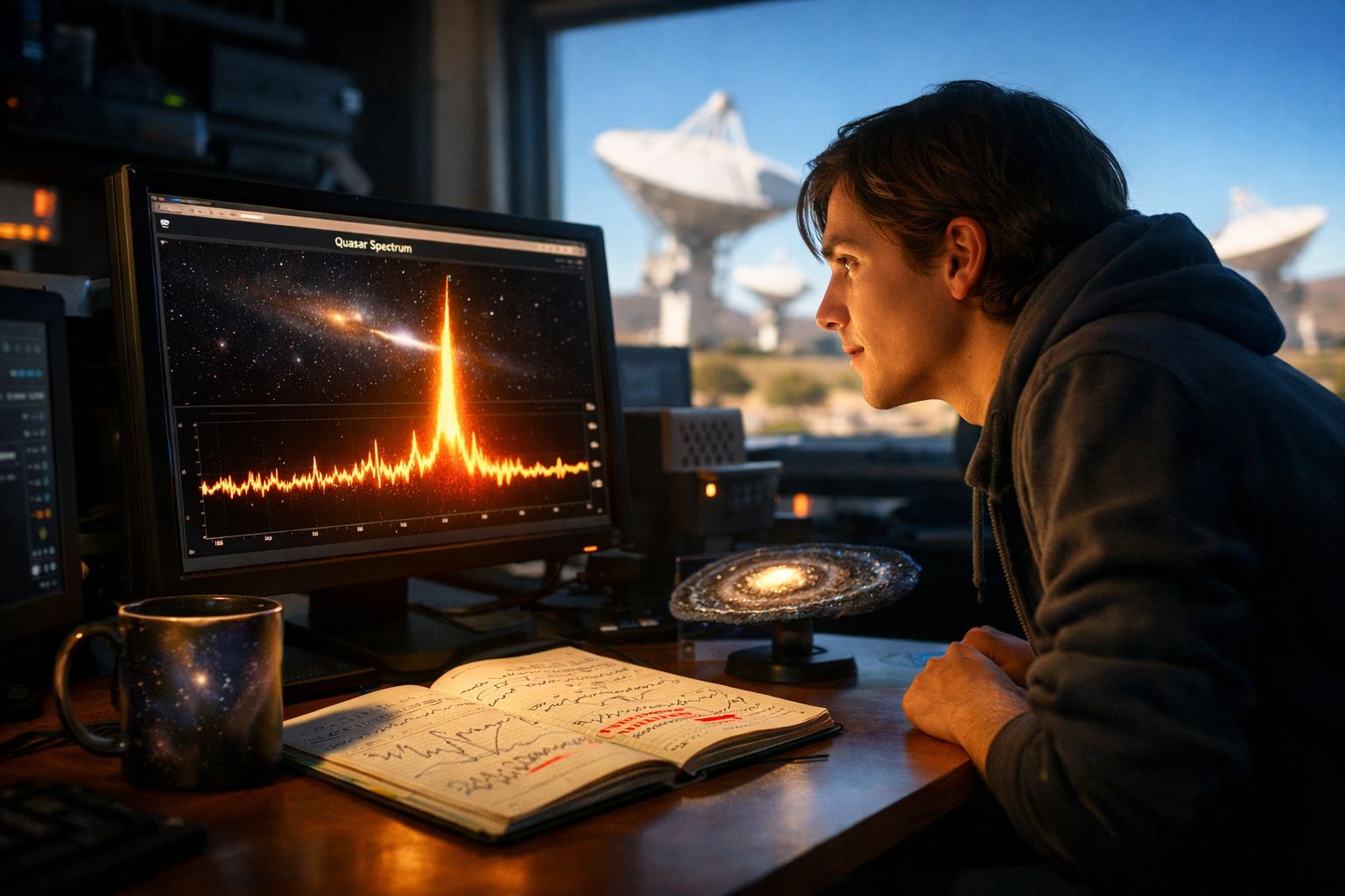 Homem observa gráfico de espectro quasar no computador, com caderno e modelo de galáxia na mesa.
