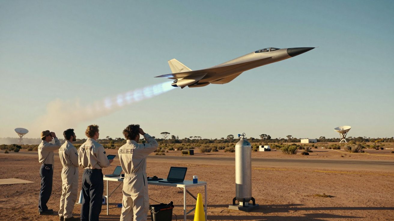 Quatro engenheiros observam um avião a jato a descolar num deserto com antenas parabólicas ao fundo.