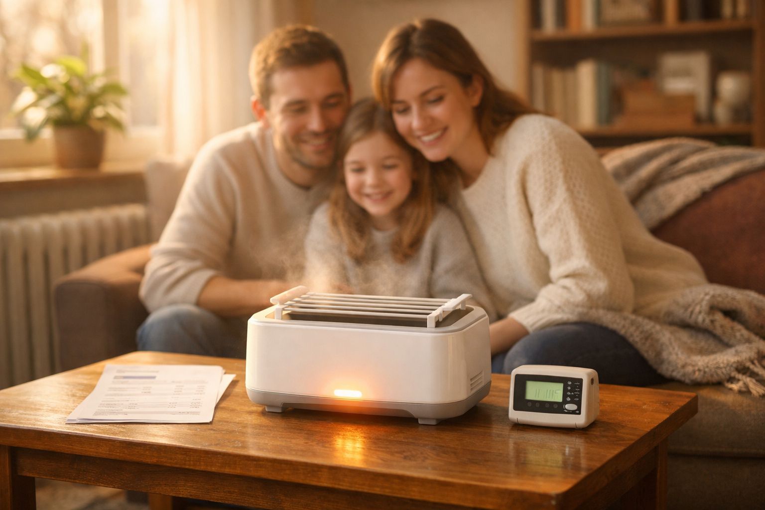 Família sorridente sentada ao sofá a olhar para aquecedor branco numa sala acolhedora.